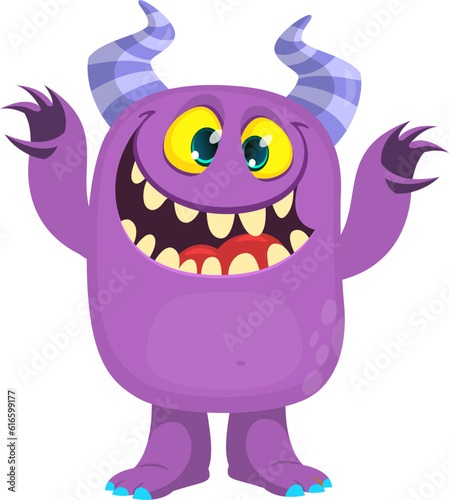 Happy cartoon monster waving hands. Halloween vector illustration. Great for package or party decoration