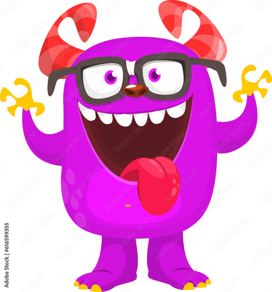 Fototapeta premium Happy cartoon monster nerd wearing eyeglasses. Halloween vector illustration. Great for package or party decoration