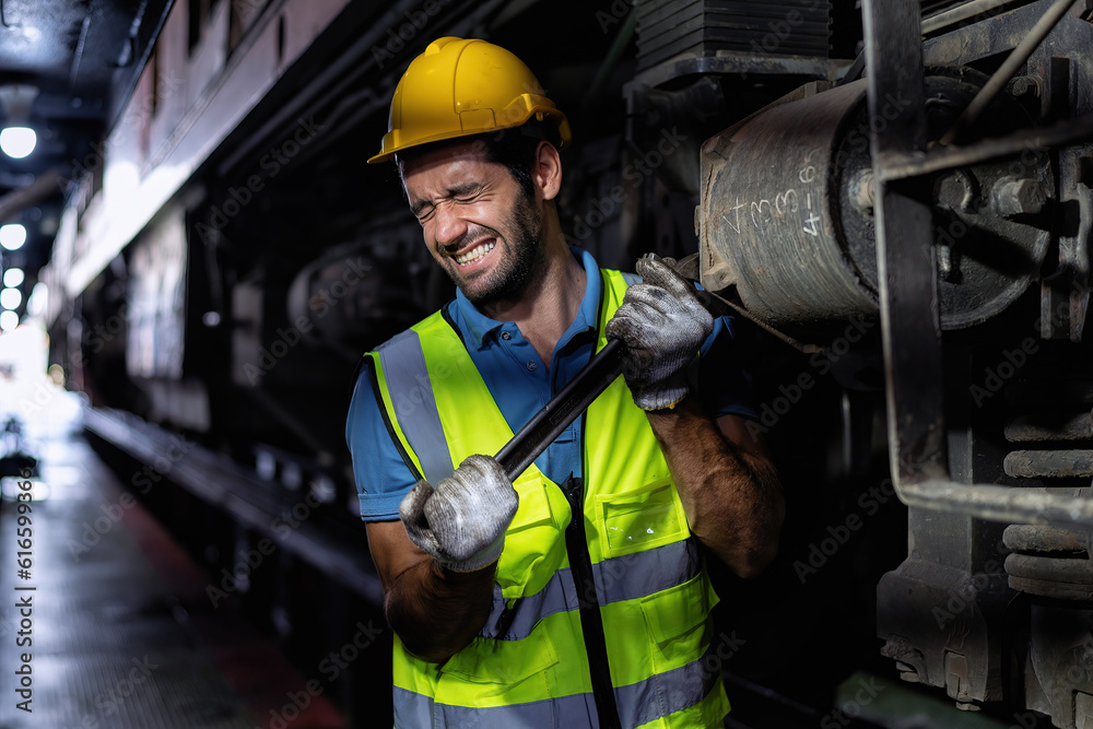 Mechanics service engineer working underneath train car maintenance transmittal system in the garage Mechanics service engineer working underneath train car maintenance transmittal system in the garage