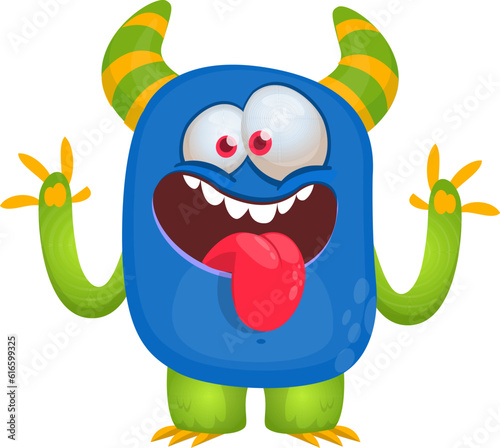 Happy cartoon monster waving hands. Halloween vector illustration. Great for package or party decoration