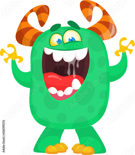 Happy cartoon monster waving hands. Halloween vector illustration. Great for package or party decoration