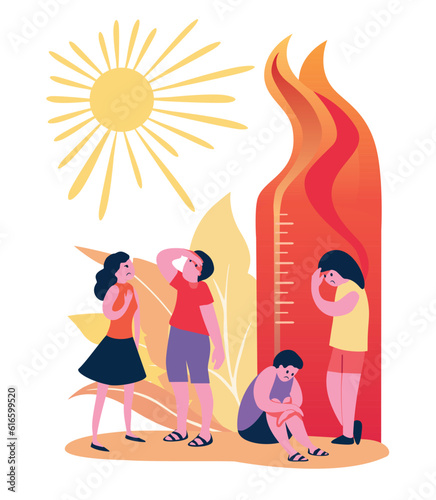 Sad people in summer extreme heat. Thermometer with fire with high temperature, overheated unhappy persons under hot sun. Global warming design. Heatflation vector flat cartoon illustration 