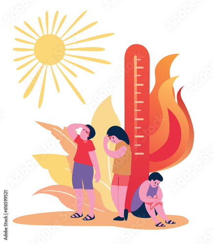 People in summer extreme heat. Thermometer with high temperature, fatigue person, hot sun. Overheat, heat stroke in global warming design. Vector flat cartoon illustration 