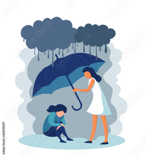 Sad woman in depression under grey cloud. Psychologist helps her, protects from rain by umbrella. Psychology design for dramatic mood person in troubles, stress, mental problems. Flat cartoon vector