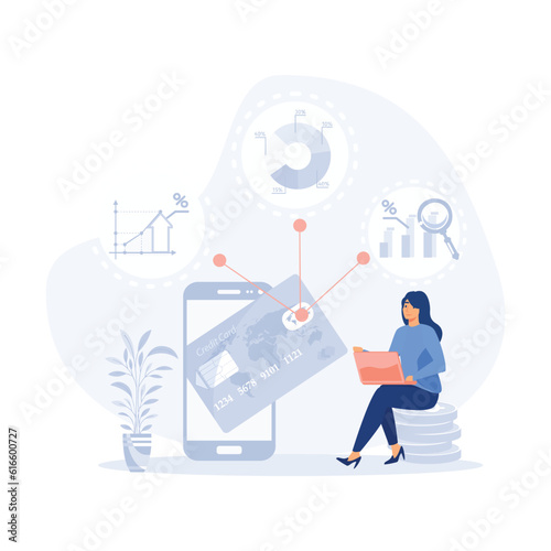 Virtual finance concept with outline people. Man manages personal finances in personal account. flat modern vector illustration