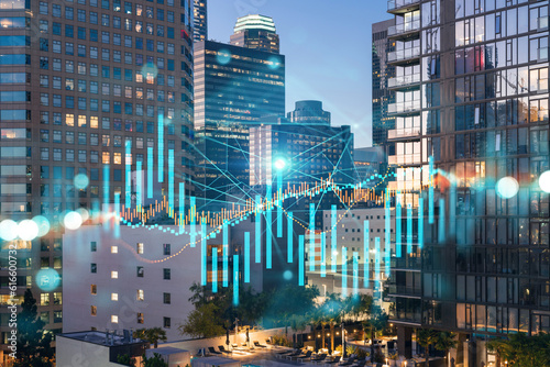Skyscrapers Cityscape Downtown View, Los Angeles Skyline Buildings. Beautiful Real Estate. Night time. Forex Financial graph and chart hologram. Business education concept.