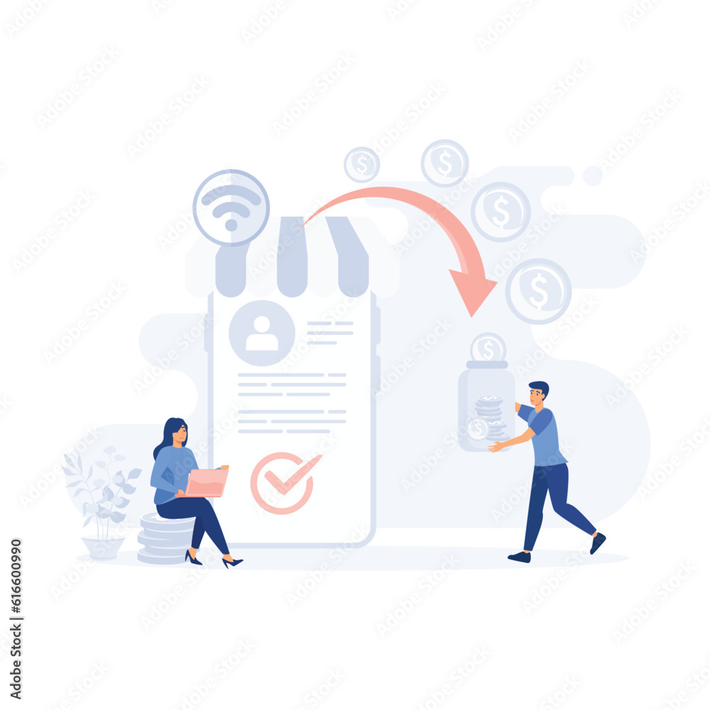 cash to electronic account on Internet to man, Guy made profit in finance. flat modern vector illustration cash to electronic account on Internet to man, Guy made profit in finance. flat modern vector illustration