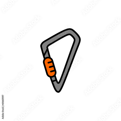Carabiner icon in lineal color mode with orange and grey color fill. Vector illustration of summer camping equipment in trendy style. Editable graphic resources for many purposes.