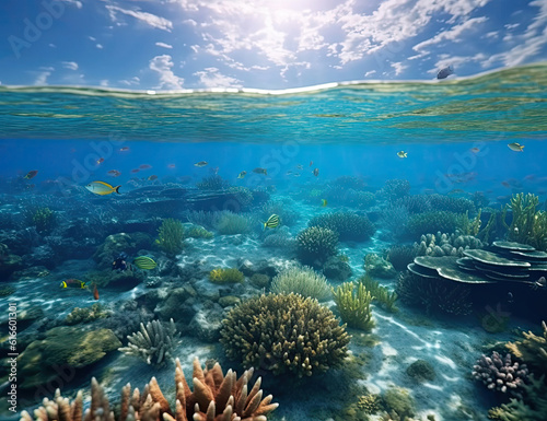 Great Barrier Reef, underwater illustration, saline, coral reef, nature, background, ocean. Generative AI.