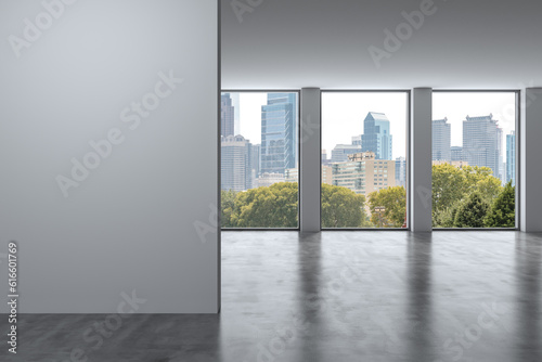 Downtown Philadelphia City Skyline Buildings from High Rise Window. Beautiful Expensive Real Estate overlooking. Empty room Interior. Mockup wall. Skyscrapers Cityscape. Day. Penn. 3d rendering.