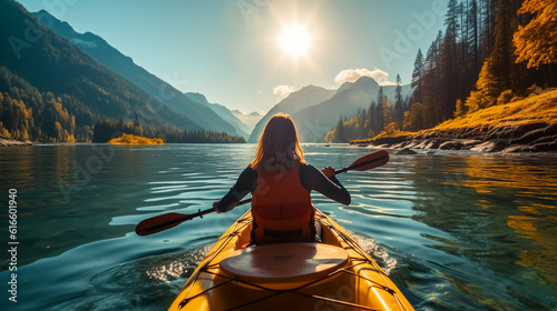 back view of woman kayaking in crystal lake near mountains