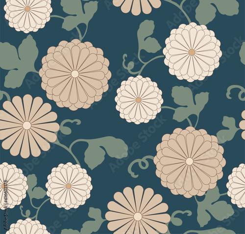 Japanese pattern with nature background vector. chrysanthemum flower and geometric seamless pattern in vintage style. Abstract art  illustration.