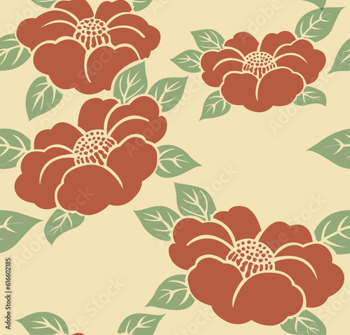 Red flower seamless background with Japanese flower pattern vector. Floral template in vintage style.
