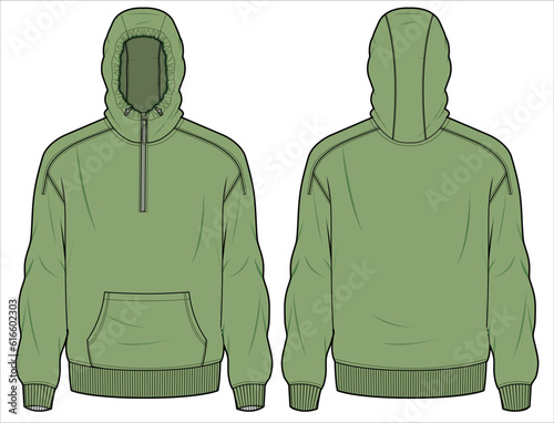 Hoodie jacket design flat sketch Illustration vector template, Hooded sweater jacket technical drawing with front and back view, Sport winter jacket for Men and women. for hiker and outerwear