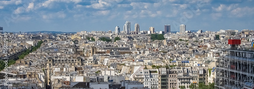 Paris, aerial view of the city, with the Pompidou center, and the Defense in background 
