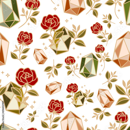 Magical crystal, rose flower, and leaf seamless pattern vector illustration design