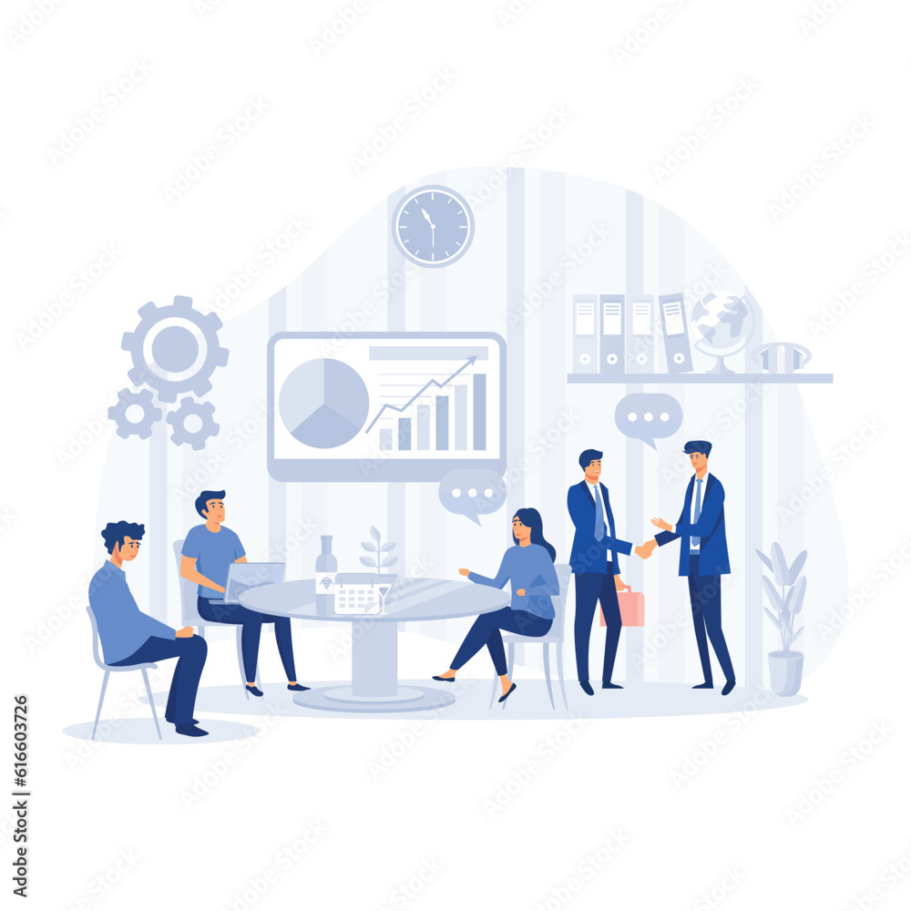 working together, discussing start-up. Meeting of colleagues. Co working, teamwork concept. flat modern vector illustration