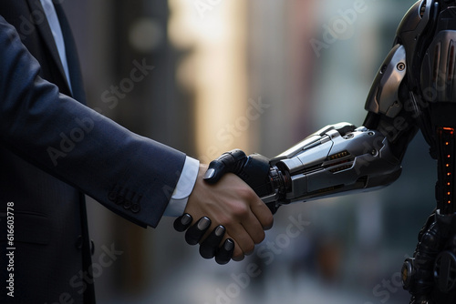 AI robot shake hand with business man. business technology concept. Generative AI