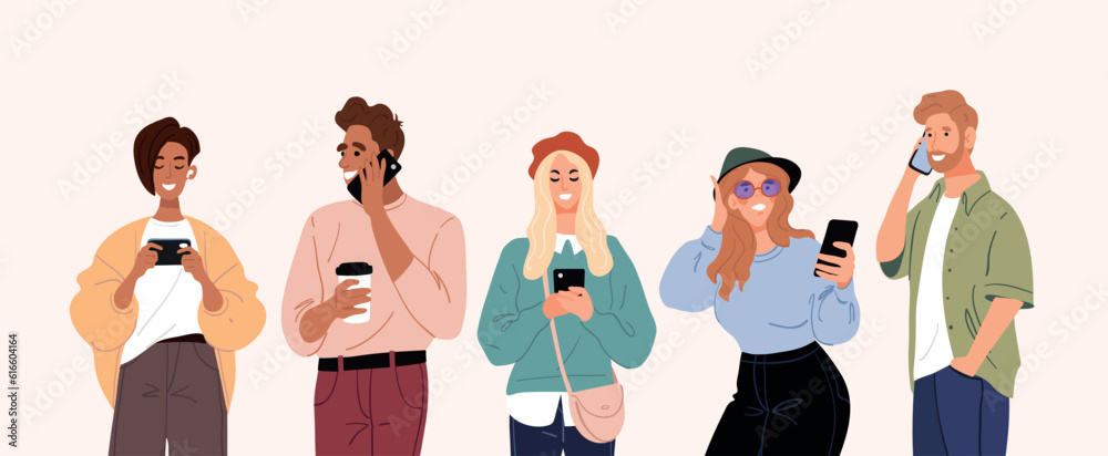 Obraz premium People using the phone, men and women with mobile phones, girls and boys students communicate, talk, chat on the Internet, modern gadgets. Flat vector cartoon illustration