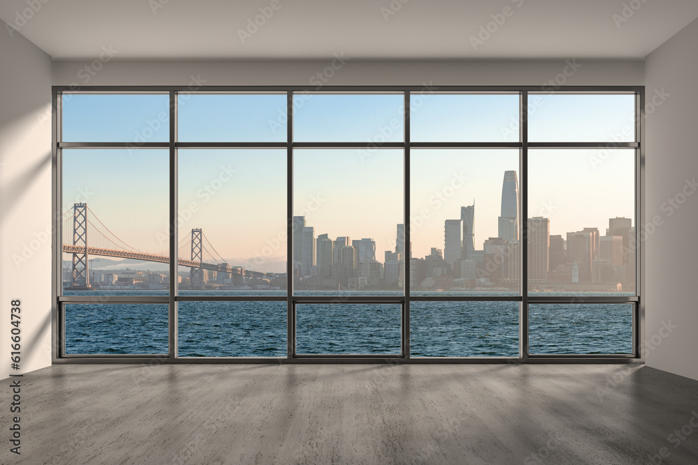 Fototapeta premium Empty room Interior Skyscrapers View Cityscape. Downtown San Francisco City Skyline Buildings from High Rise Window. Beautiful California Real Estate. Sunset. 3d rendering.