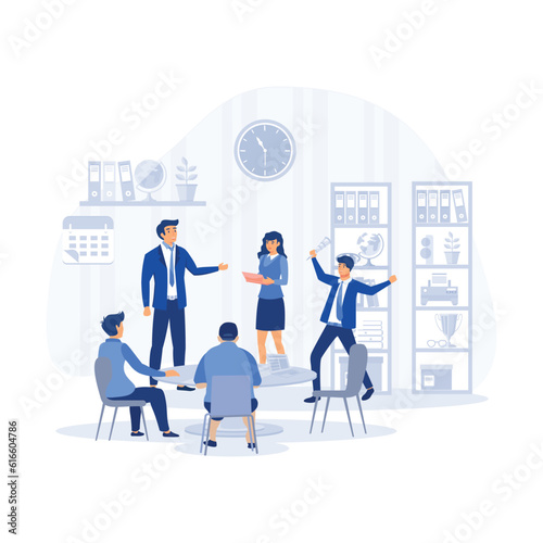 Group of business people having a meeting around a conference table, flat modern vector illustration