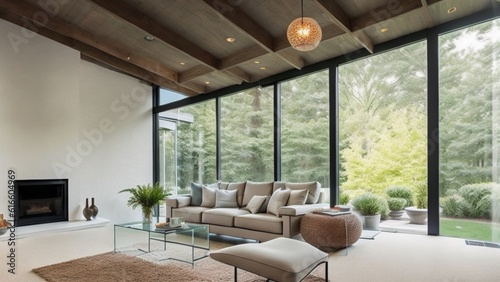 Wide Angle Shot of Modern House Sunroom Living Area with Mid-Century Minimalistic Interior Design and Open Concept Layout . High Ceiling and High Glass Windows.