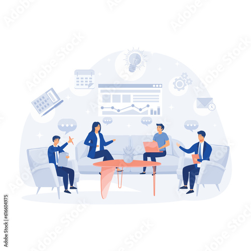 Corporate business team having a meeting in a virtual office room, digital workspace, remote work and teamwork, flat modern vector illustration © Alwie99d