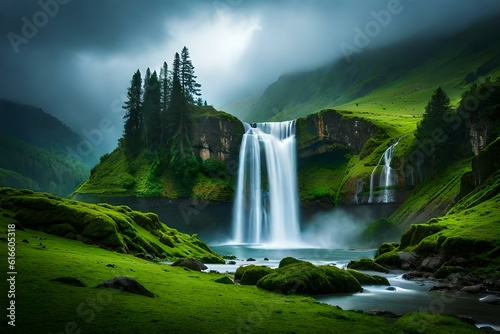 waterfall in the green mountains generated by AI tool