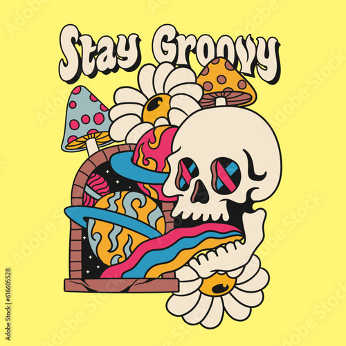90s groovy skulls head with rainbow and some daisy flower