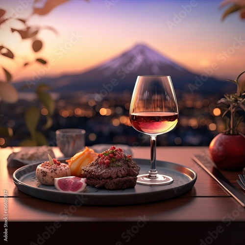 Delicious food and wine with Mt. Fuji , Japan (AI generative)