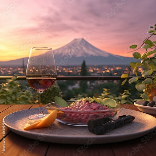 Delicious food and wine with Mt. Fuji , Japan (AI generative)