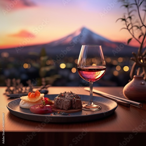 Delicious food and wine with Mt. Fuji , Japan (AI generative)