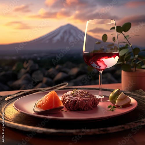 Delicious food and wine with Mt. Fuji , Japan (AI generative)