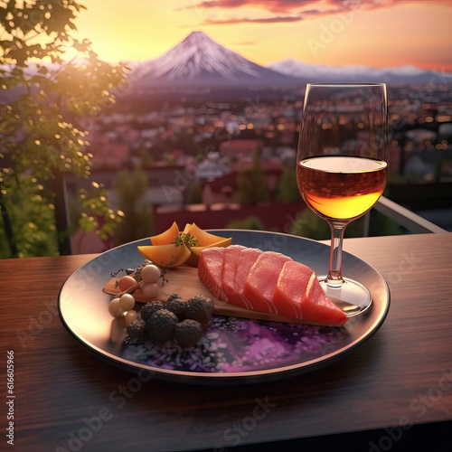 Delicious food and wine with Mt. Fuji , Japan (AI generative)