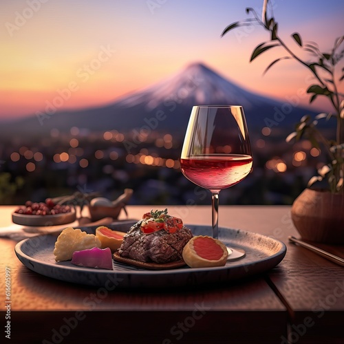 Delicious food and wine with Mt. Fuji , Japan (AI generative)