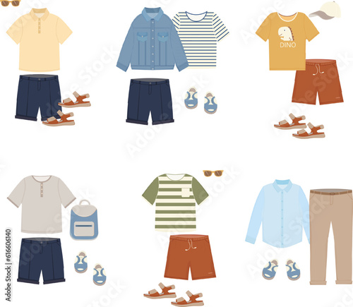 Summer outfits for boy, teenager, man. Essential Boy's Clothes. Basic capsule wardrobe. Shirt, t shirt, trosers, jacket, shooes, cap, sunglasses. Set of fashion modern clothes. Vector illlustration.