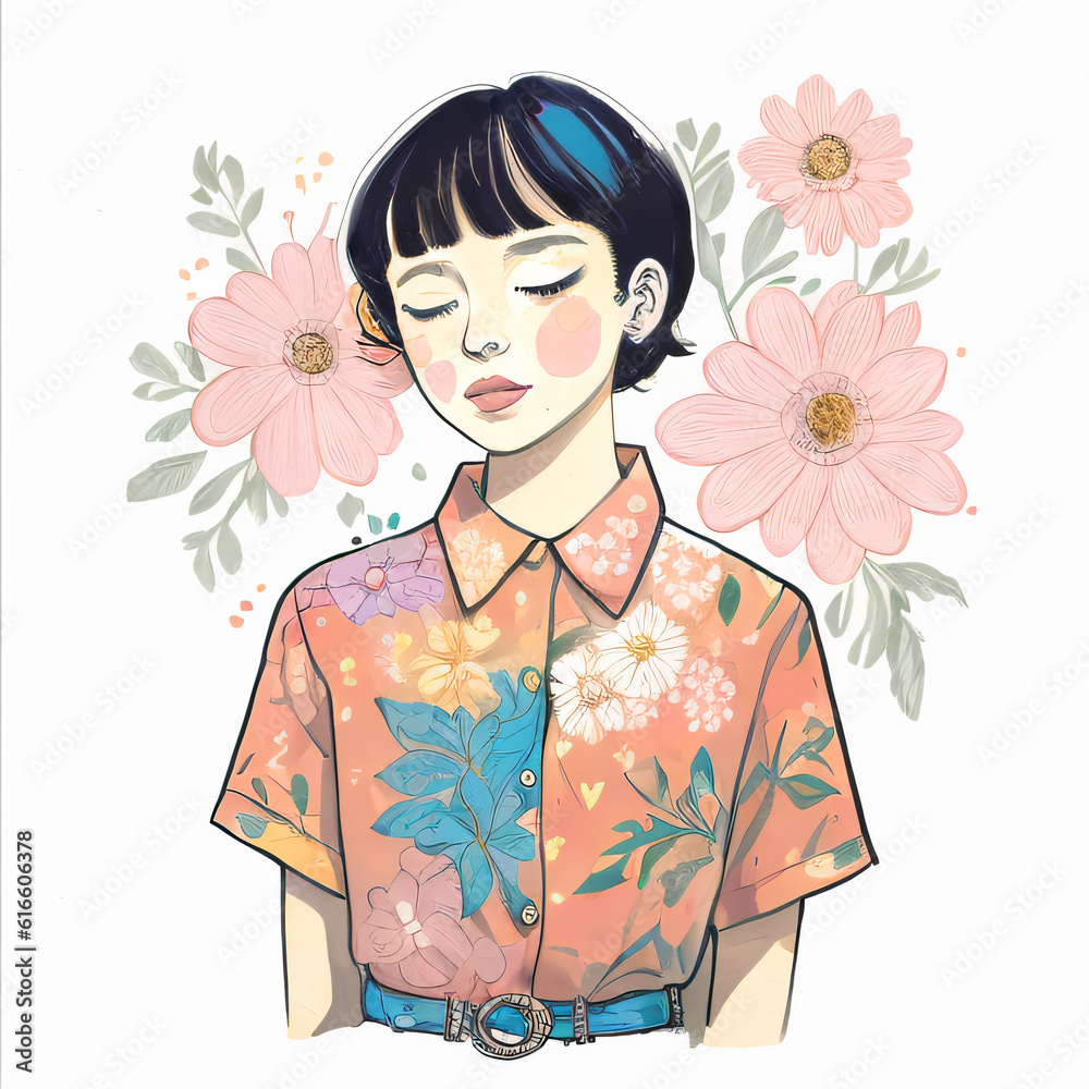 AI Generated image of illustration of a young girl wearing a Floral shirt ,floral background,Generative AI AI Generated image of illustration of a young girl wearing a Floral shirt ,floral background,Generative AI