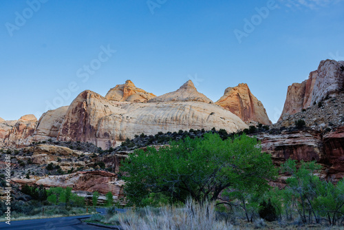Capitol Dome in Capitol Reef National Park during spring. Selective focus, background blur and foreground blur. 