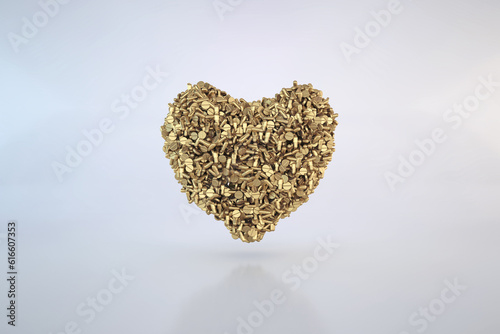 3D Render Gold Pills Forming Shapes of Heart  on White Background