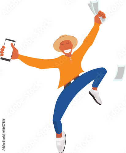 Illustration of Young black man with a hat, jumping and celebrating with phone and cash.