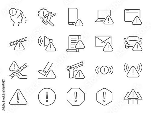 Warning icon set. It included alerts, notifications, caution, alarm, and more icons. Editable Vector Stroke.
