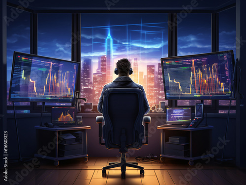 Trader Sitting on Chair , Monitoring Stock Trading on Blue-Themed Display Generative ai