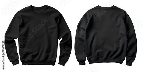 Set of black front and back view tee sweatshirt sweater long sleeve on transparent background cutout, PNG file. Mockup template for artwork graphic design
