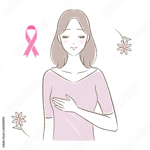 ピンクリボン 乳がん検診と女性イラスト