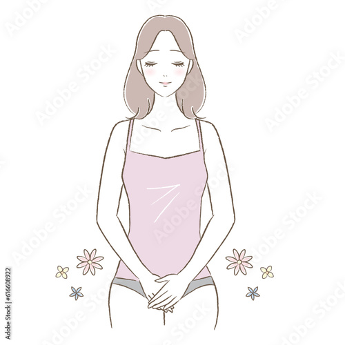 デリケートゾーン・下腹部を大切に触る若い女性のイラスト
