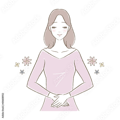 お腹を優しく触る女性のイラストカット（妊娠・腸活・温活・便秘解消）