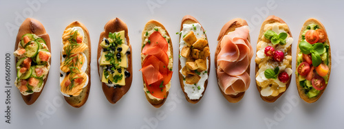 Top-down view of a variety of bruschetta, perfect for banners and promotional materials.