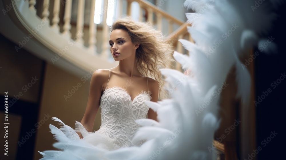 Naklejka premium A beautiful woman in a gorgeous white feather and lace gown standing on a spiral staircase.