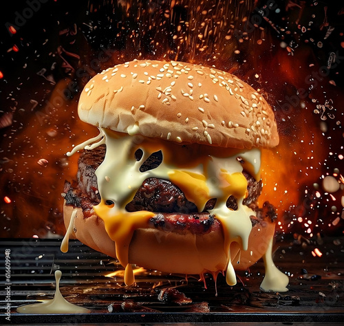 Burning Flame Hot Cheesy Cheese Burger On Grill with explode fire  photo