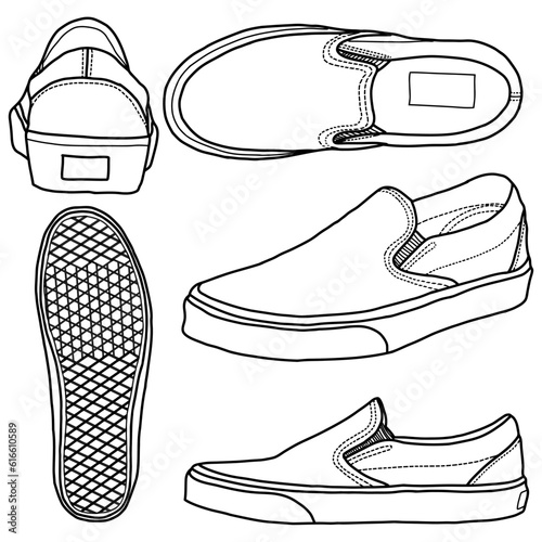 Template vector sneaker Slip On, suitable for your custom slip on sneaker design, outline vector doodle illustration,  front, back, side and top view, isolated with white background. editable color an